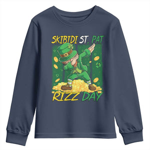 Funny Skibidi St Pat Rizz Day Youth Sweatshirt Dabbing Leprechaun Shamrock Coin TS11 Navy Print Your Wear
