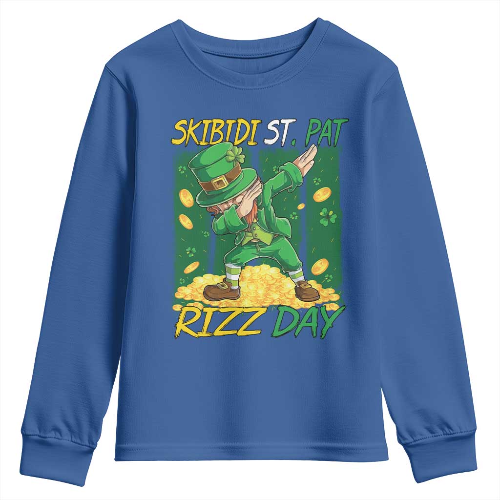 Funny Skibidi St Pat Rizz Day Youth Sweatshirt Dabbing Leprechaun Shamrock Coin TS11 Royal Blue Print Your Wear