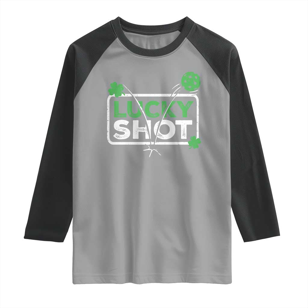 Funny St Patrick's Day Pickleball Raglan Shirt Lucky Shot Shamrock TS11 Sport Gray Black Print Your Wear