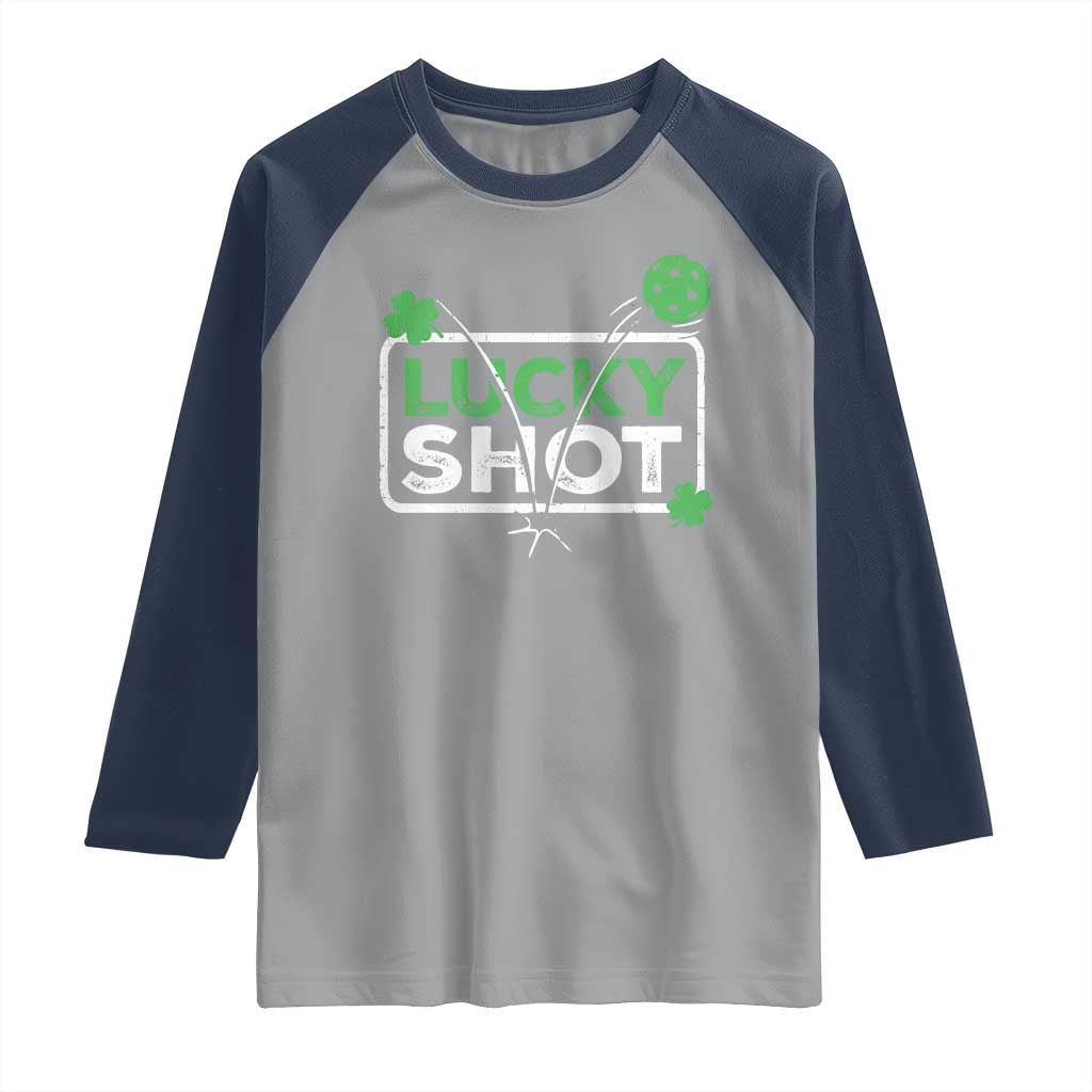 Funny St Patrick's Day Pickleball Raglan Shirt Lucky Shot Shamrock TS11 Sport Gray Navy Print Your Wear