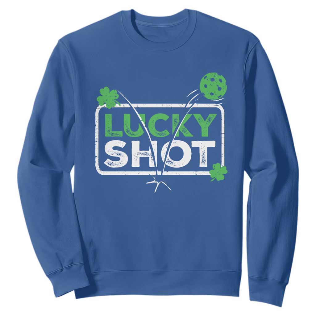 Funny St Patrick's Day Pickleball Sweatshirt Lucky Shot Shamrock TS11 Royal Blue Print Your Wear