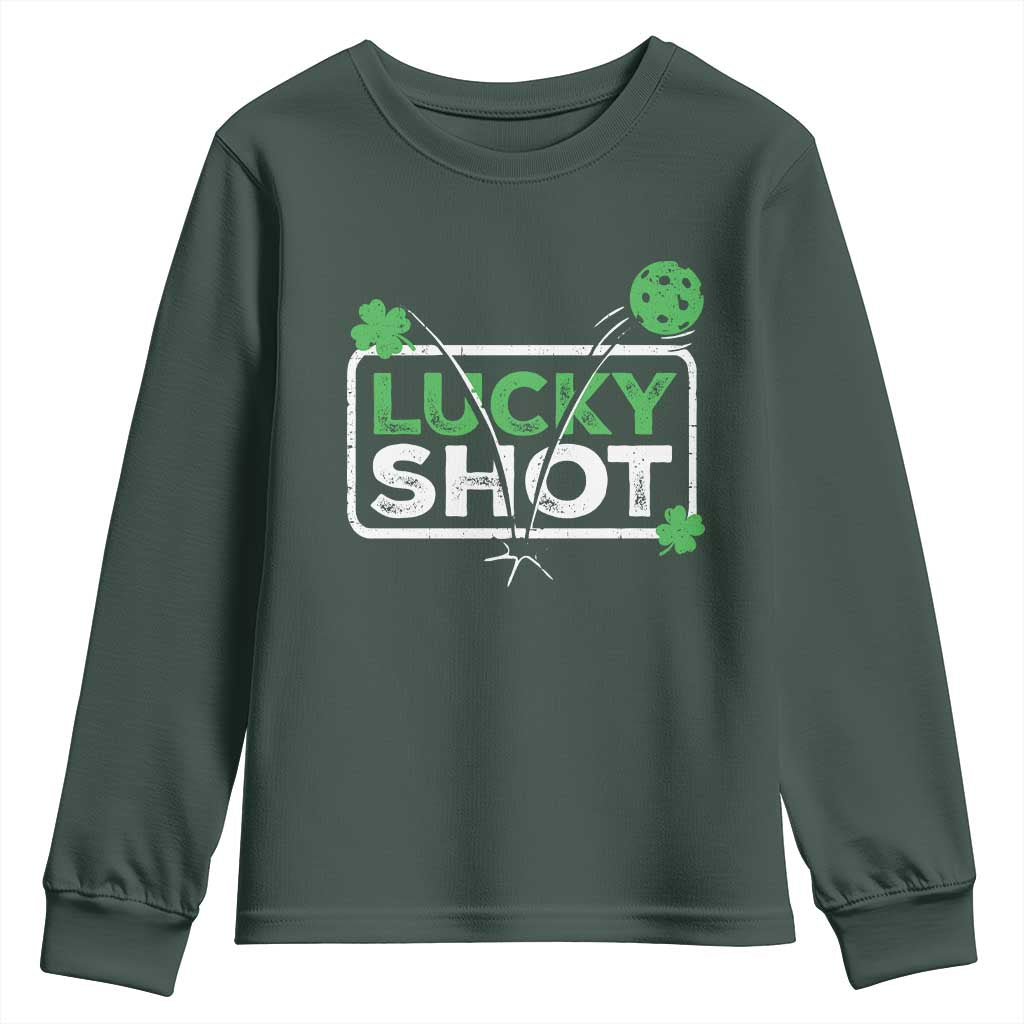 Funny St Patrick's Day Pickleball Youth Sweatshirt Lucky Shot Shamrock TS11 Dark Forest Green Print Your Wear