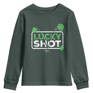 Funny St Patrick's Day Pickleball Youth Sweatshirt Lucky Shot Shamrock TS11 Dark Forest Green Print Your Wear
