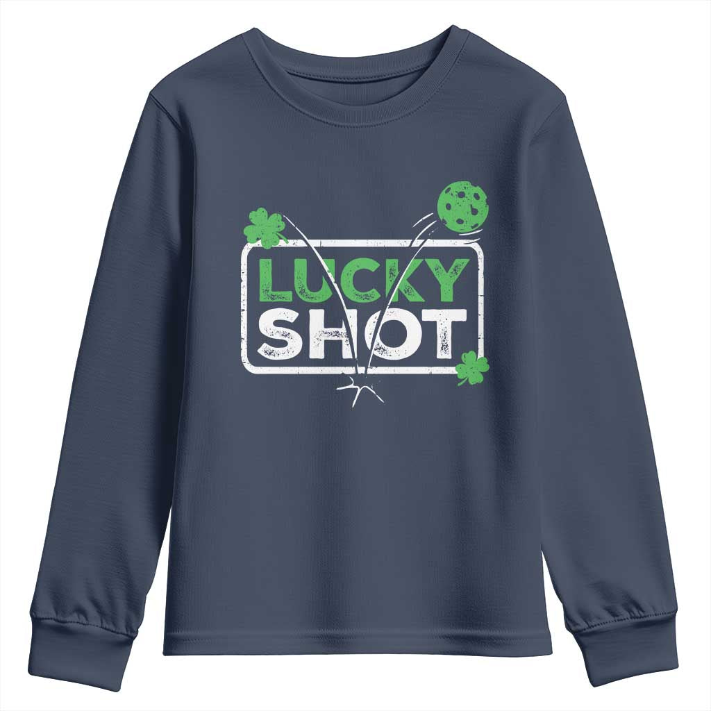 Funny St Patrick's Day Pickleball Youth Sweatshirt Lucky Shot Shamrock TS11 Navy Print Your Wear