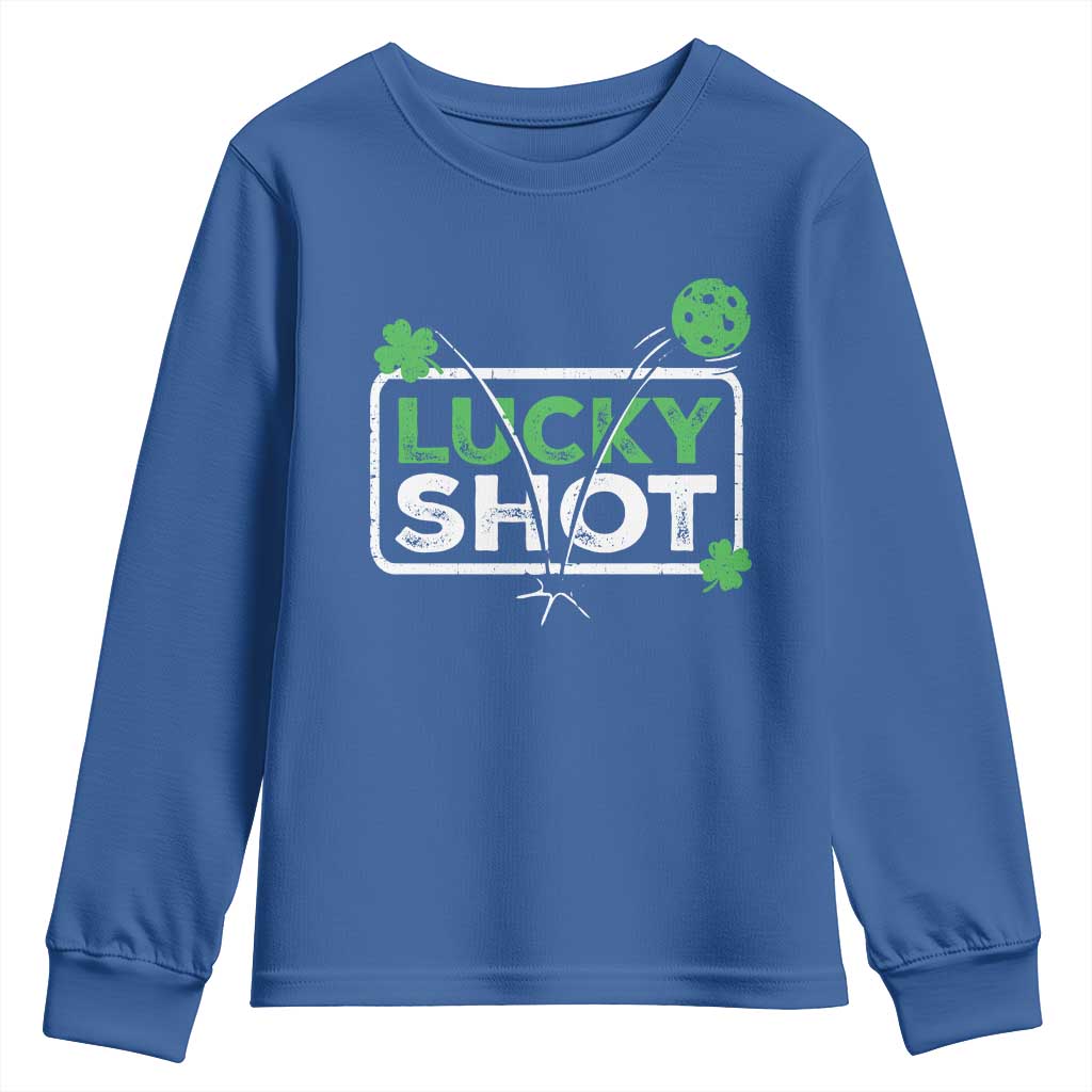 Funny St Patrick's Day Pickleball Youth Sweatshirt Lucky Shot Shamrock TS11 Royal Blue Print Your Wear