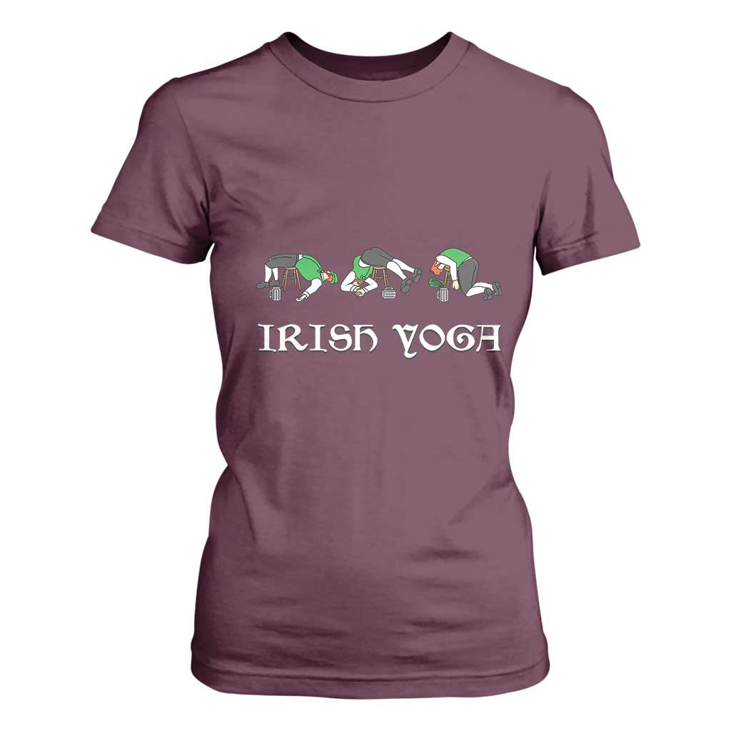 Funny St Patricks Day Beer Drinking T Shirt For Women Irish Yoga Leprechaun Beer Mug TS11 Maroon Print Your Wear