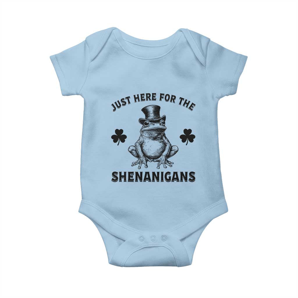 Funny St Patrick's Day Just Here For The Shenanigans Baby Onesie Frog Shamrock TS11 Light Blue Print Your Wear