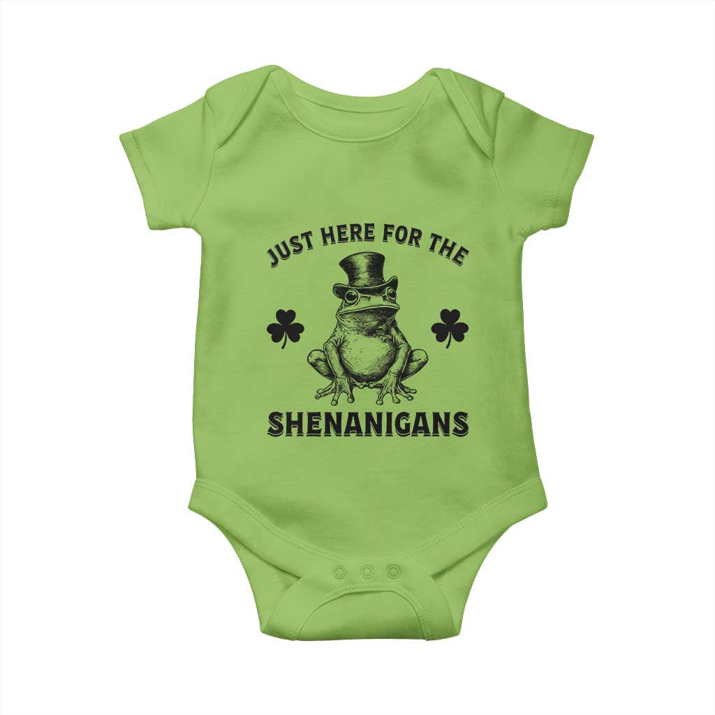 Funny St Patrick's Day Just Here For The Shenanigans Baby Onesie Frog Shamrock TS11 Lime Print Your Wear
