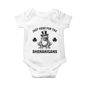 Funny St Patrick's Day Just Here For The Shenanigans Baby Onesie Frog Shamrock TS11 White Print Your Wear