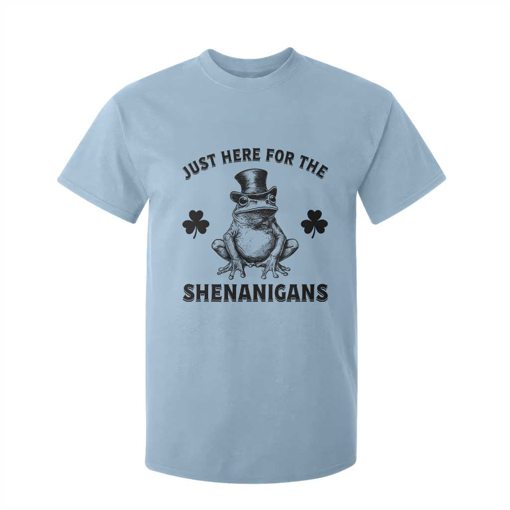 Funny St Patrick's Day Just Here For The Shenanigans T Shirt For Kid Frog Shamrock TS11 Light Blue Print Your Wear