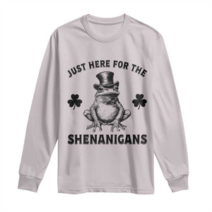 Funny St Patrick's Day Just Here For The Shenanigans Long Sleeve Shirt Frog Shamrock TS11 Ice Gray Print Your Wear