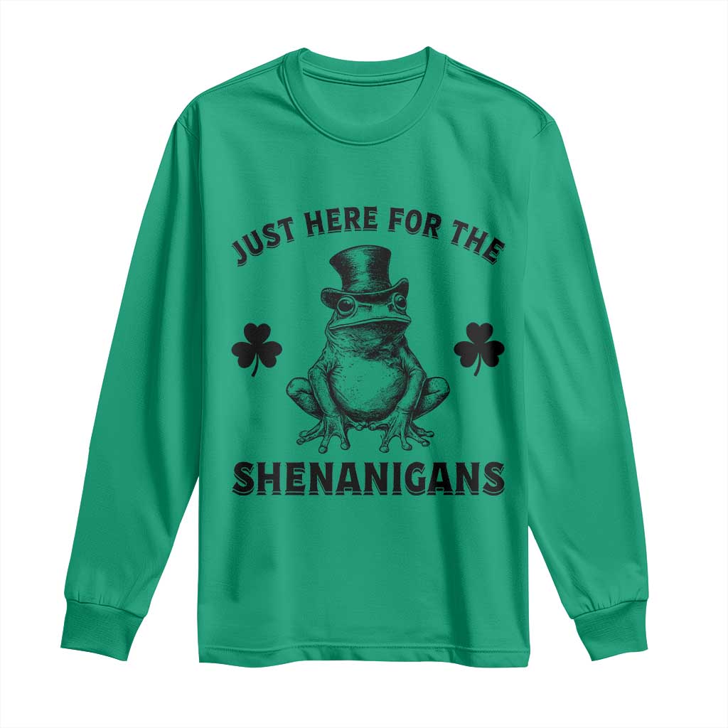 Funny St Patrick's Day Just Here For The Shenanigans Long Sleeve Shirt Frog Shamrock TS11 Irish Green Print Your Wear