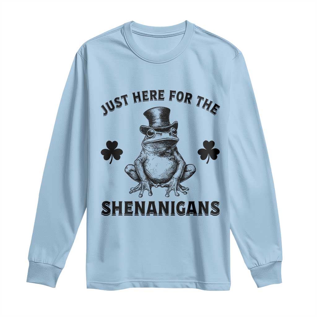 Funny St Patrick's Day Just Here For The Shenanigans Long Sleeve Shirt Frog Shamrock TS11 Light Blue Print Your Wear