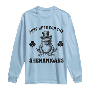 Funny St Patrick's Day Just Here For The Shenanigans Long Sleeve Shirt Frog Shamrock TS11 Light Blue Print Your Wear