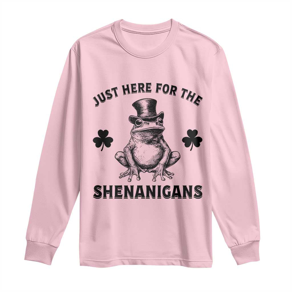 Funny St Patrick's Day Just Here For The Shenanigans Long Sleeve Shirt Frog Shamrock TS11 Light Pink Print Your Wear