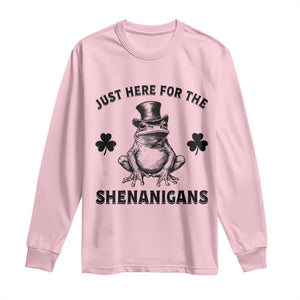 Funny St Patrick's Day Just Here For The Shenanigans Long Sleeve Shirt Frog Shamrock TS11 Light Pink Print Your Wear