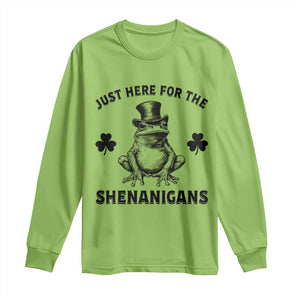 Funny St Patrick's Day Just Here For The Shenanigans Long Sleeve Shirt Frog Shamrock TS11 Lime Print Your Wear