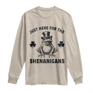 Funny St Patrick's Day Just Here For The Shenanigans Long Sleeve Shirt Frog Shamrock TS11 Sand Print Your Wear