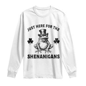 Funny St Patrick's Day Just Here For The Shenanigans Long Sleeve Shirt Frog Shamrock TS11 White Print Your Wear