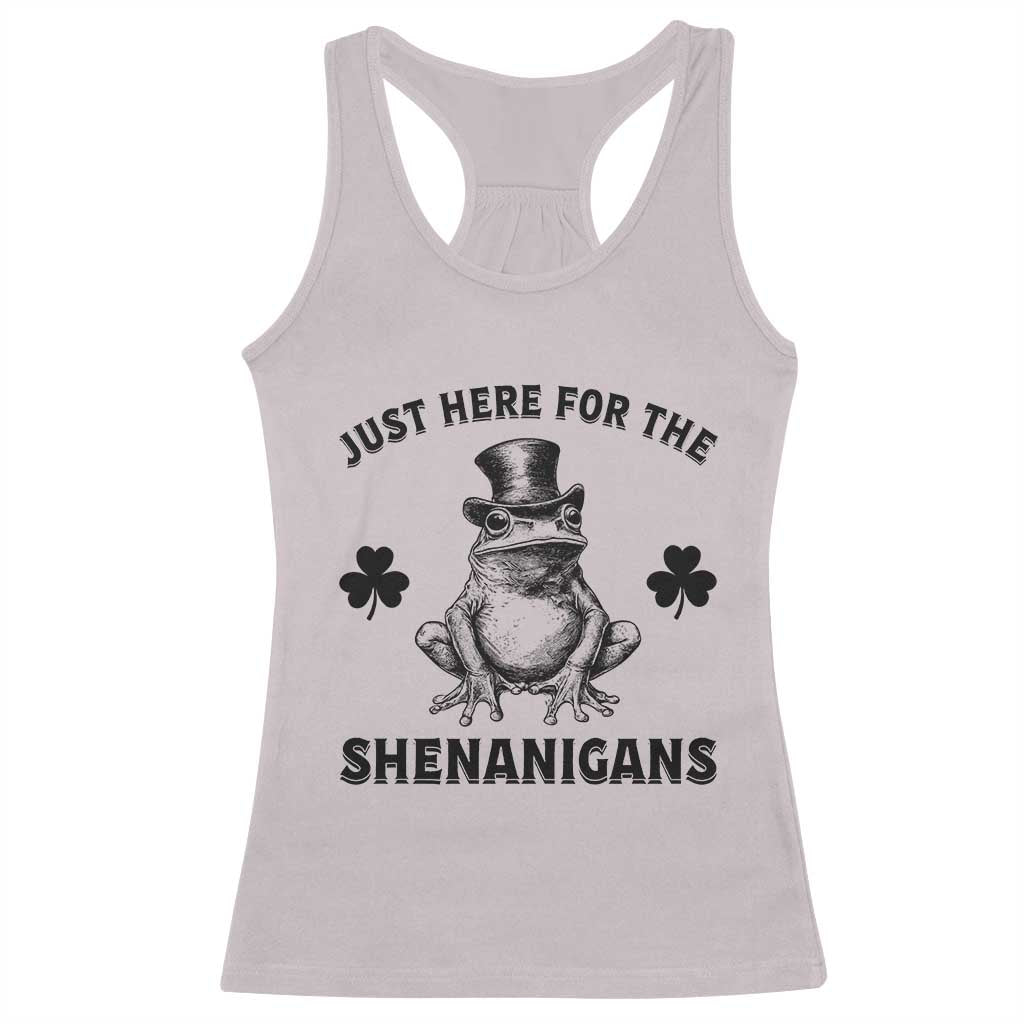 Funny St Patrick's Day Just Here For The Shenanigans Racerback Tank Top Frog Shamrock TS11 Ice Gray Print Your Wear