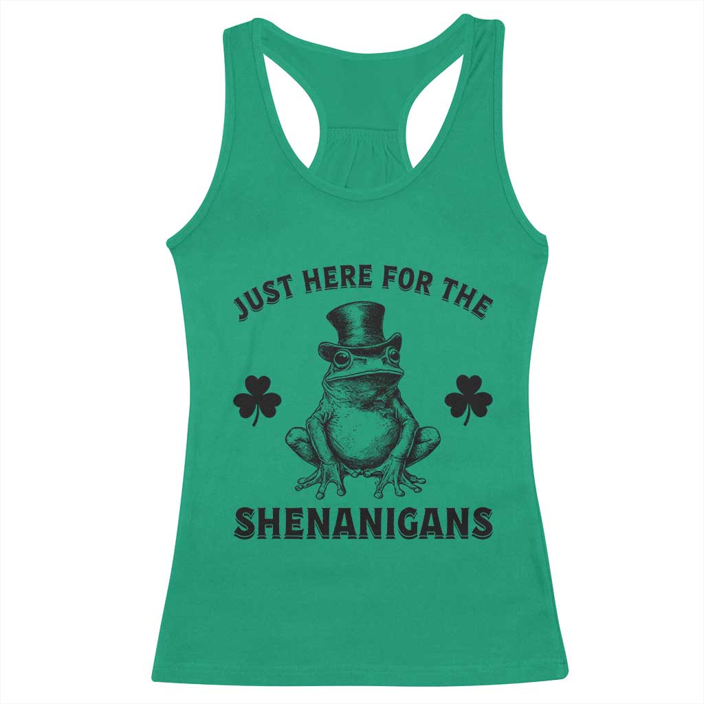 Funny St Patrick's Day Just Here For The Shenanigans Racerback Tank Top Frog Shamrock TS11 Irish Green Print Your Wear