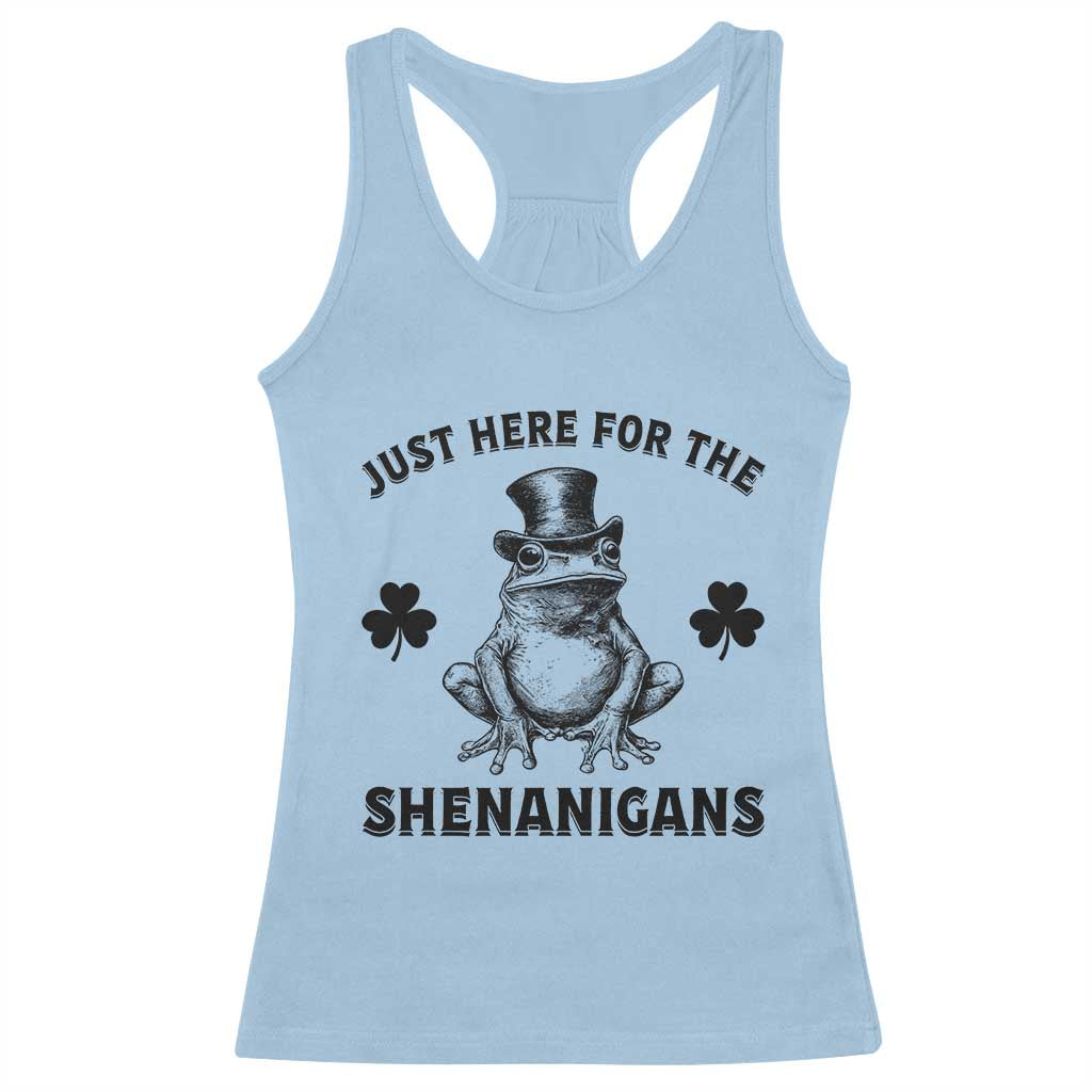 Funny St Patrick's Day Just Here For The Shenanigans Racerback Tank Top Frog Shamrock TS11 Light Blue Print Your Wear