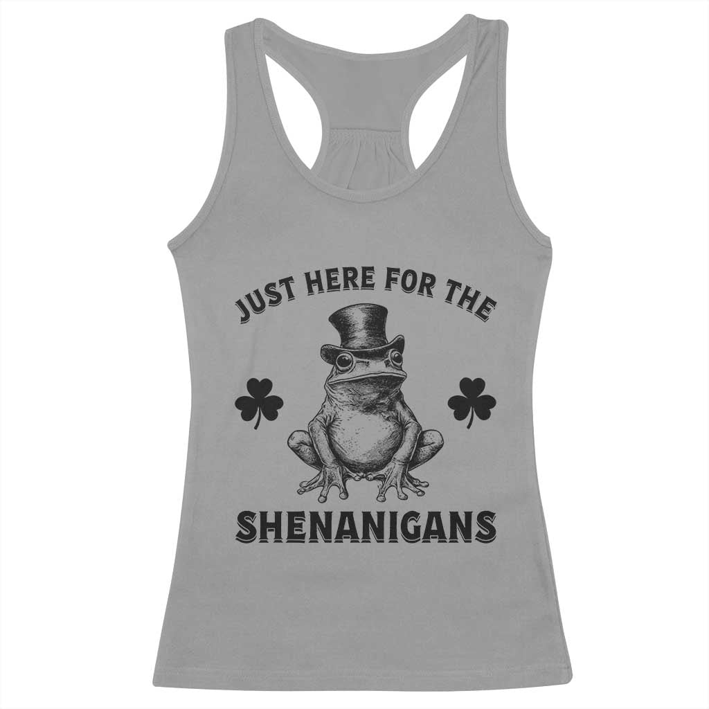 Funny St Patrick's Day Just Here For The Shenanigans Racerback Tank Top Frog Shamrock TS11 Sport Gray Print Your Wear