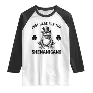 Funny St Patrick's Day Just Here For The Shenanigans Raglan Shirt Frog Shamrock TS11 White Black Print Your Wear
