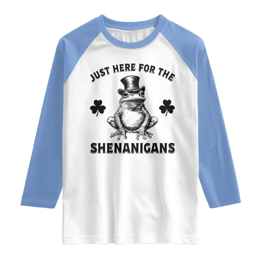 Funny St Patrick's Day Just Here For The Shenanigans Raglan Shirt Frog Shamrock TS11 White Carolina Blue Print Your Wear