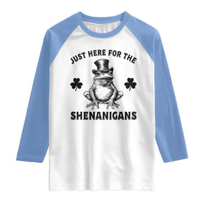 Funny St Patrick's Day Just Here For The Shenanigans Raglan Shirt Frog Shamrock TS11 White Carolina Blue Print Your Wear