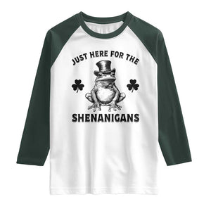 Funny St Patrick's Day Just Here For The Shenanigans Raglan Shirt Frog Shamrock TS11 White Dark Forest Green Print Your Wear