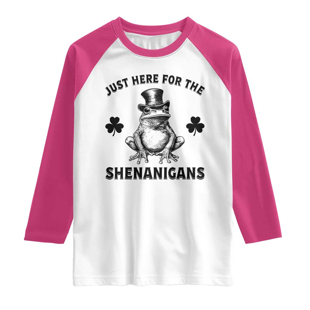 Funny St Patrick's Day Just Here For The Shenanigans Raglan Shirt Frog Shamrock TS11 White Heliconia Print Your Wear