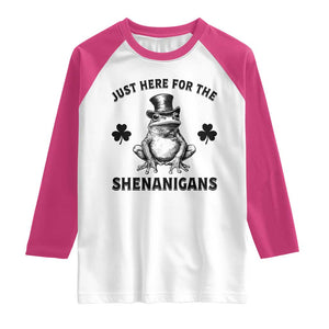 Funny St Patrick's Day Just Here For The Shenanigans Raglan Shirt Frog Shamrock TS11 White Heliconia Print Your Wear