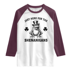 Funny St Patrick's Day Just Here For The Shenanigans Raglan Shirt Frog Shamrock TS11 White Maroon Print Your Wear