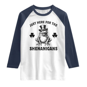 Funny St Patrick's Day Just Here For The Shenanigans Raglan Shirt Frog Shamrock TS11 White Navy Print Your Wear
