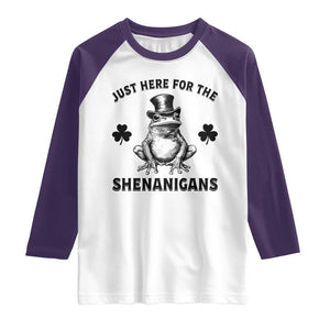 Funny St Patrick's Day Just Here For The Shenanigans Raglan Shirt Frog Shamrock TS11 White Purple Print Your Wear