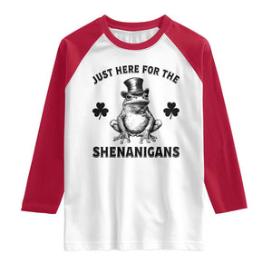 Funny St Patrick's Day Just Here For The Shenanigans Raglan Shirt Frog Shamrock TS11 White Red Print Your Wear