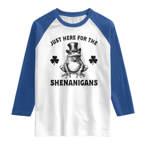 Funny St Patrick's Day Just Here For The Shenanigans Raglan Shirt Frog Shamrock TS11 White Royal Print Your Wear