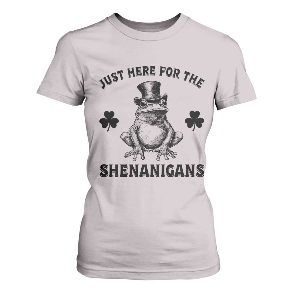 Funny St Patrick's Day Just Here For The Shenanigans T Shirt For Women Frog Shamrock TS11 Ice Gray Print Your Wear