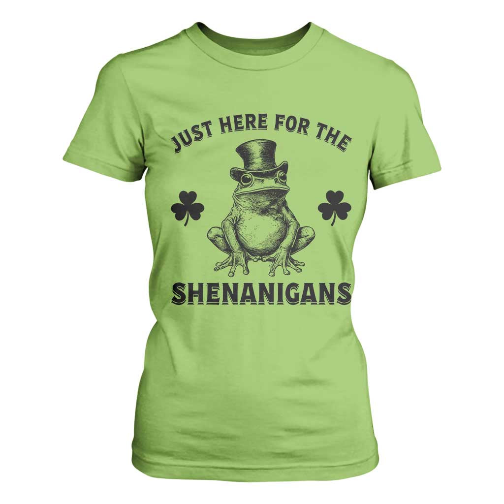 Funny St Patrick's Day Just Here For The Shenanigans T Shirt For Women Frog Shamrock TS11 Lime Print Your Wear