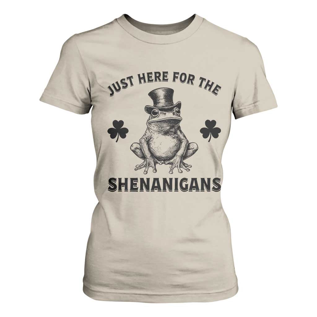 Funny St Patrick's Day Just Here For The Shenanigans T Shirt For Women Frog Shamrock TS11 Sand Print Your Wear