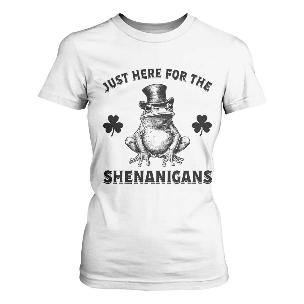 Funny St Patrick's Day Just Here For The Shenanigans T Shirt For Women Frog Shamrock TS11 White Print Your Wear