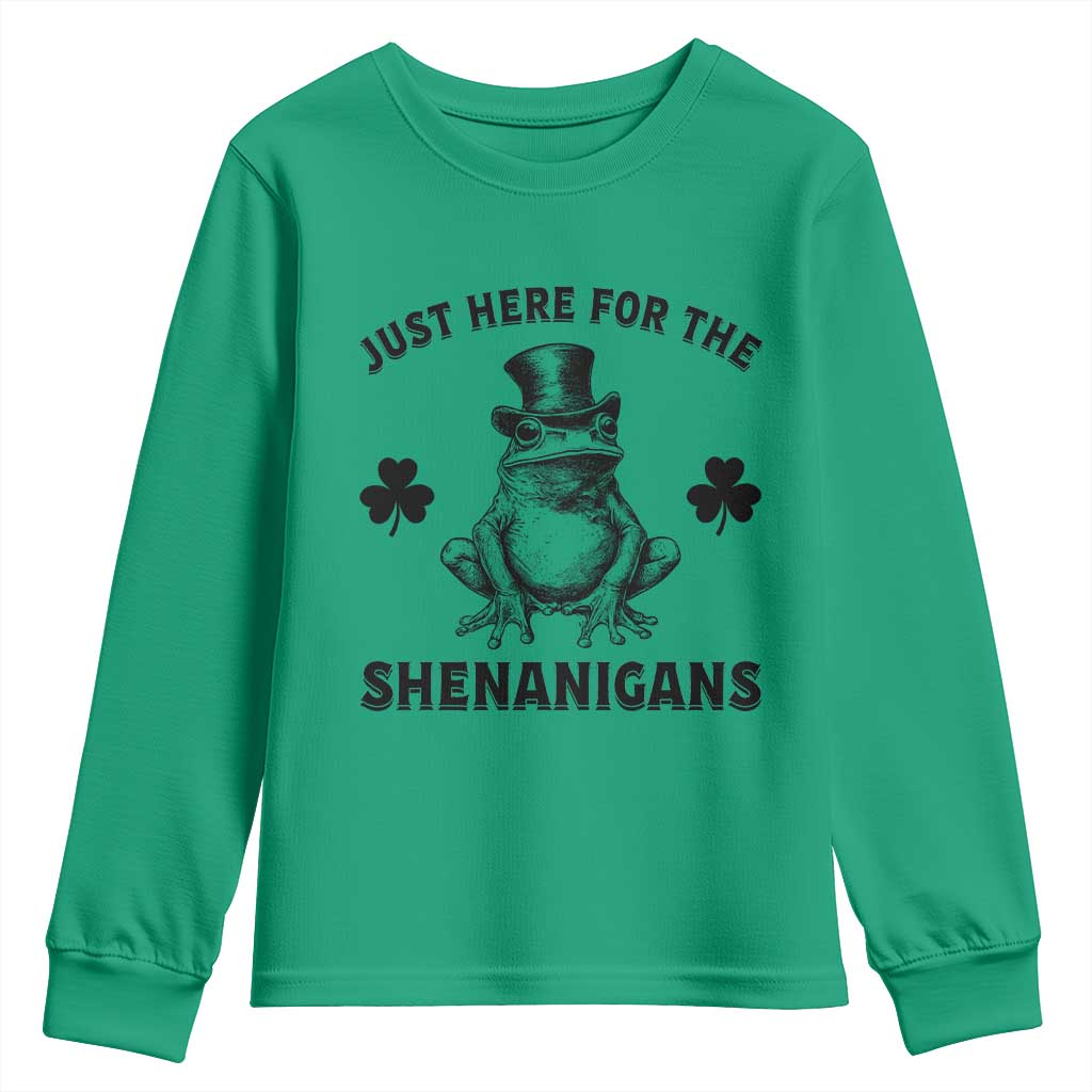 Funny St Patrick's Day Just Here For The Shenanigans Youth Sweatshirt Frog Shamrock TS11 Irish Green Print Your Wear