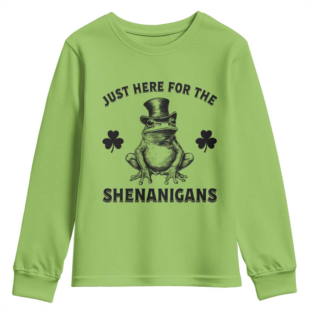 Funny St Patrick's Day Just Here For The Shenanigans Youth Sweatshirt Frog Shamrock TS11 Lime Print Your Wear