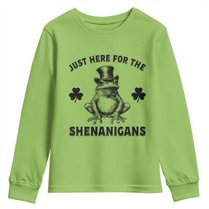Funny St Patrick's Day Just Here For The Shenanigans Youth Sweatshirt Frog Shamrock TS11 Lime Print Your Wear