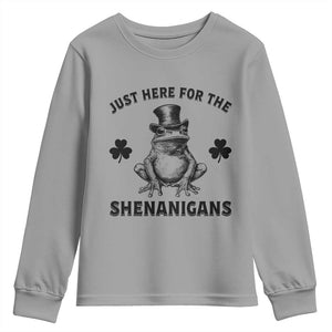 Funny St Patrick's Day Just Here For The Shenanigans Youth Sweatshirt Frog Shamrock TS11 Sport Gray Print Your Wear
