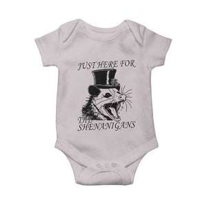 Funny St Patrick's Day Opossum Baby Onesie Just Here For The Shenanigans Shamrock TS11 Ice Gray Print Your Wear