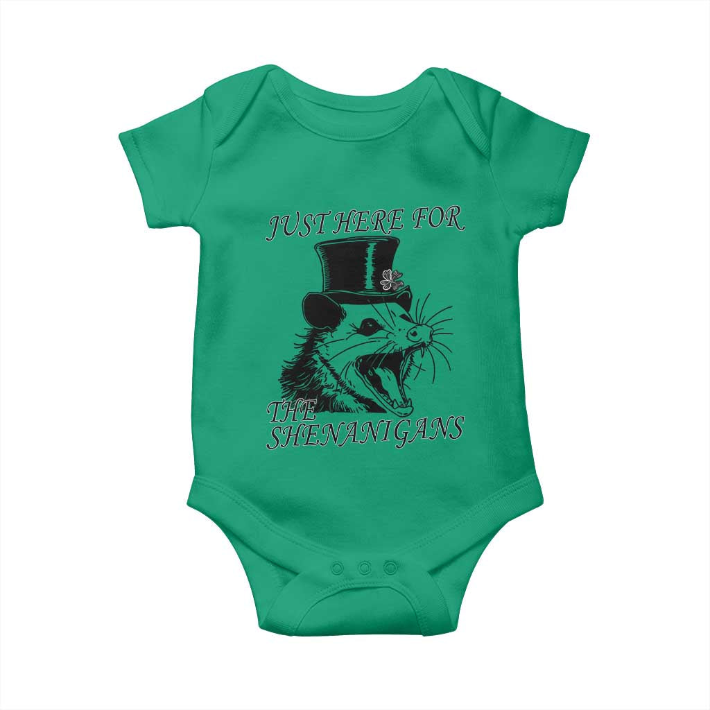 Funny St Patrick's Day Opossum Baby Onesie Just Here For The Shenanigans Shamrock TS11 Irish Green Print Your Wear