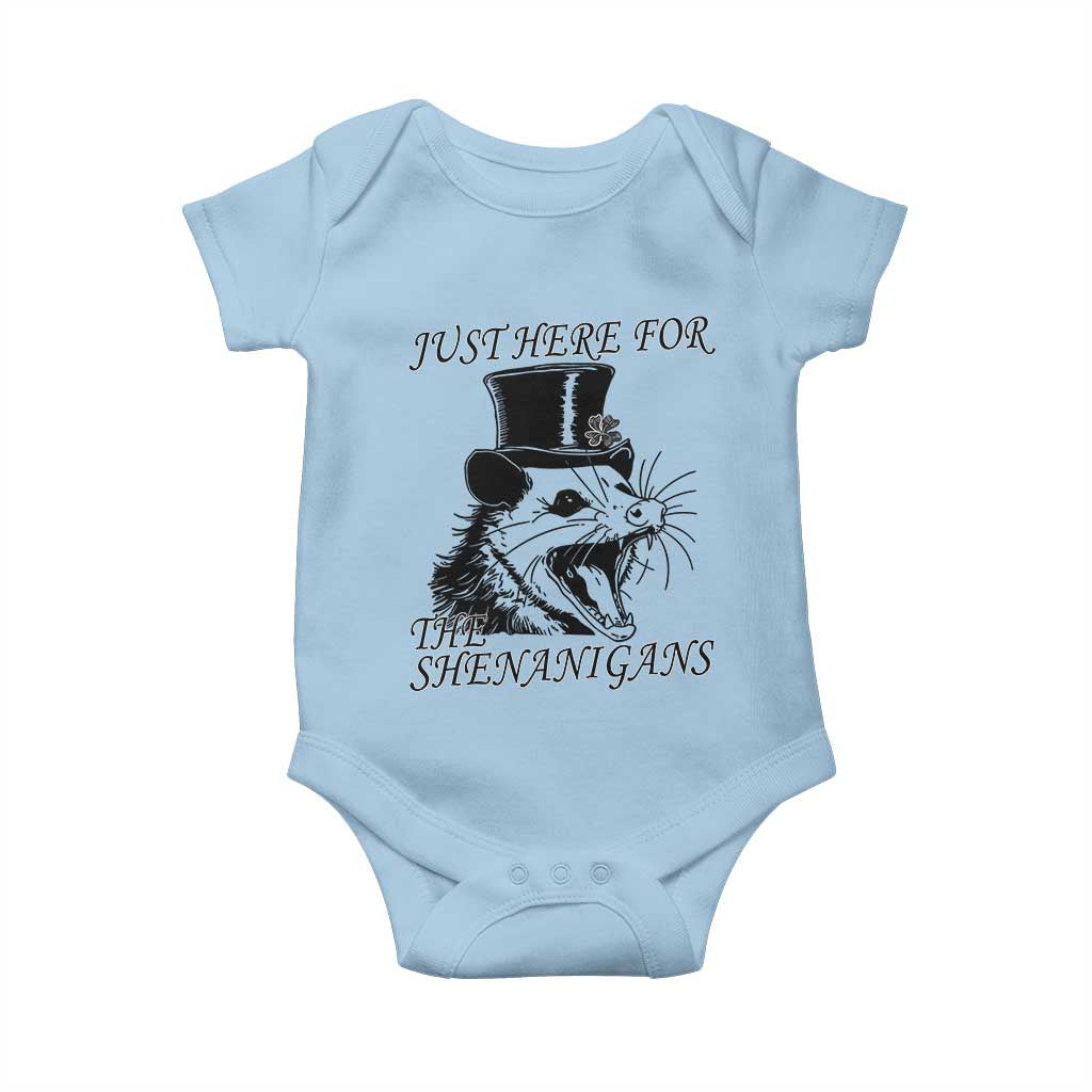 Funny St Patrick's Day Opossum Baby Onesie Just Here For The Shenanigans Shamrock TS11 Light Blue Print Your Wear