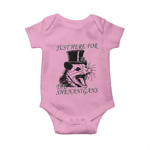 Funny St Patrick's Day Opossum Baby Onesie Just Here For The Shenanigans Shamrock TS11 Light Pink Print Your Wear